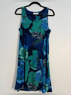Nine West Womens Medium Shift Dress Teal/Blue Sleeveless Tropical inspired